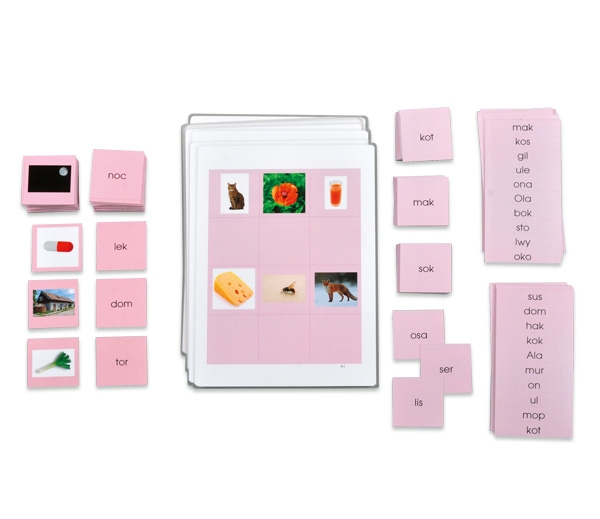 Materiał jezykowy Montessori - seria pierwsza, różowa